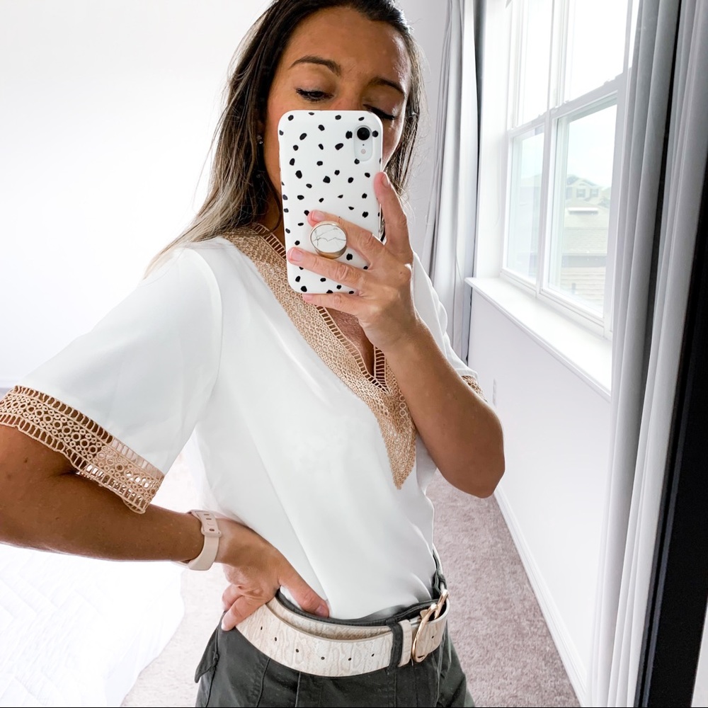 White Tan Neutral Contrast Lace Short Sleeve Blouse Small - Picture 10 of 12